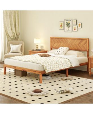 Bed Frame with Built-In Headboard and Storage Compartments