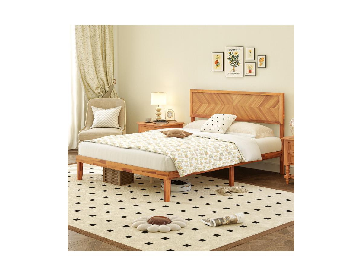 Bed Frame with Built-In Headboard and Storage Compartments