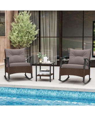 3 PCS Patio Rocker Set with 2-Tier Coffee Table & Soft Seat Back Cushions Outdoor