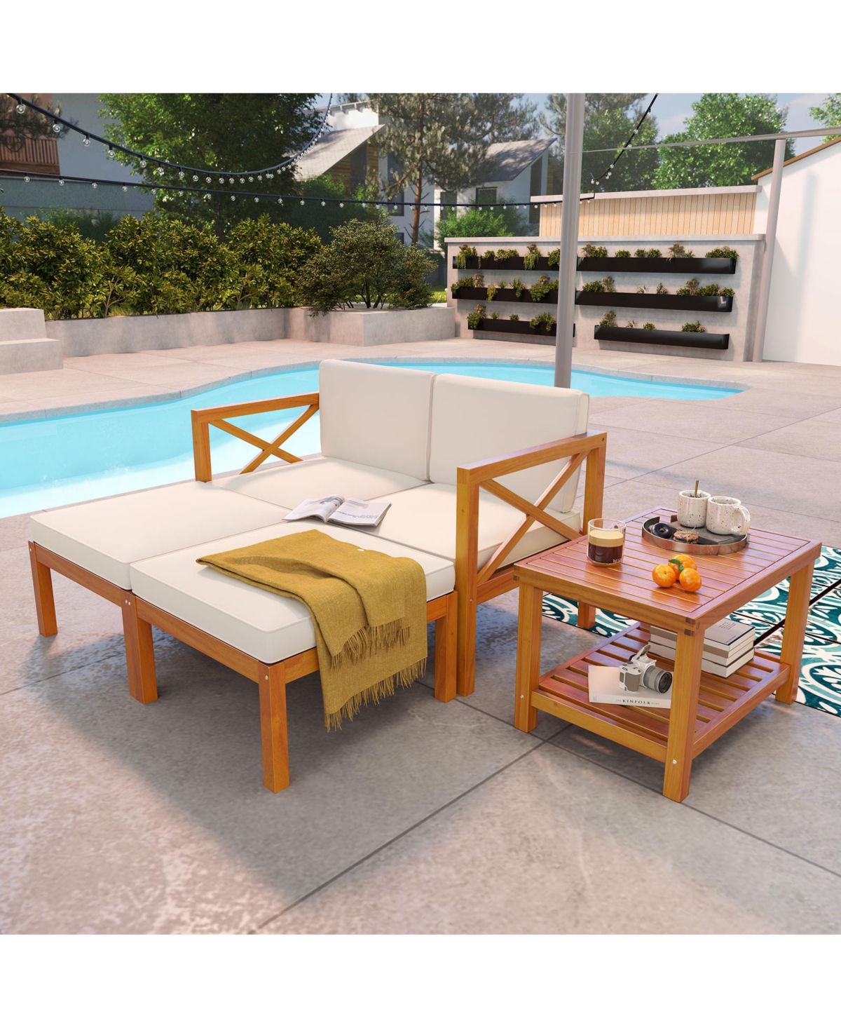 5 Pieces Acacia Wood Patio Lounge Chair Set with Ottomans and Cushions-White