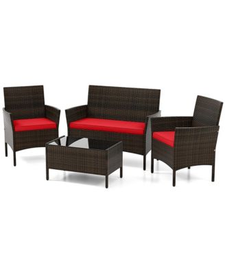 4 PCS Patio Furniture Set w/Washable Cushions & Tempered Glass Coffee Table