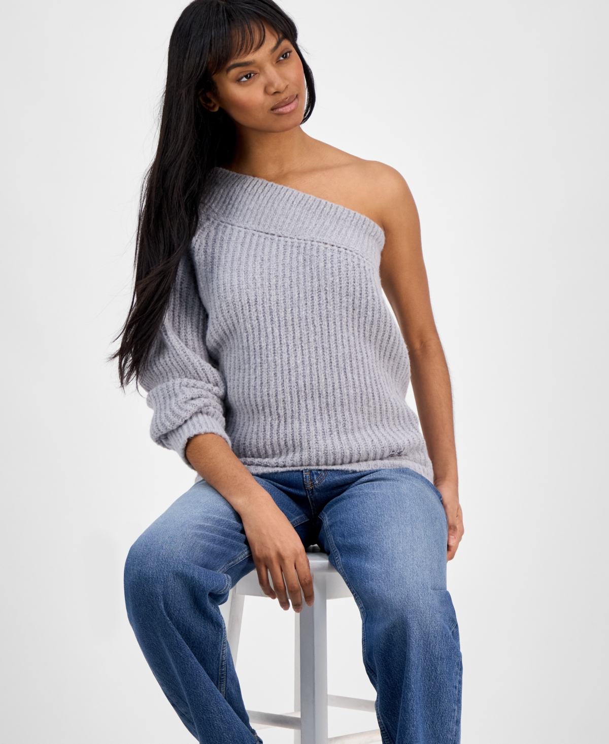 Hugo Boss Womens One-shoulder Brushed-texture Stretch-knit Jumper Medium Grey In Med Gray