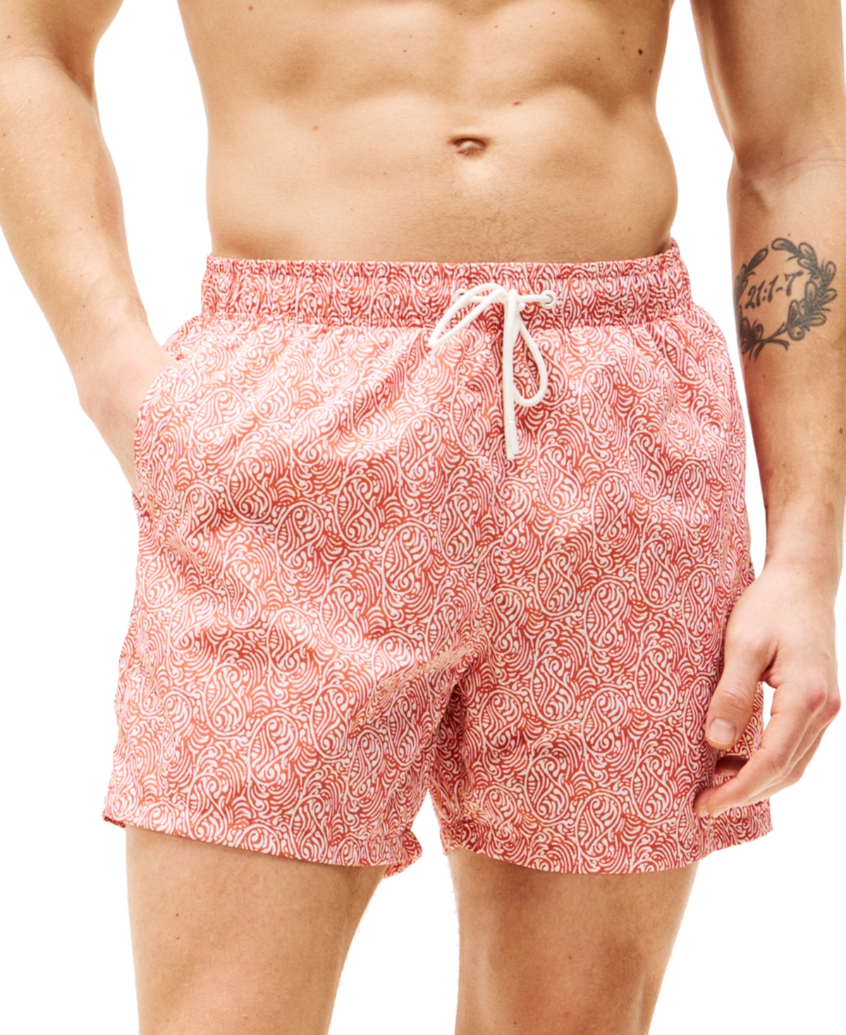 Tommy Hilfiger Men's Print Drawstring 5" Swim Trunks In Illustrated Wave Brilliant Orange
