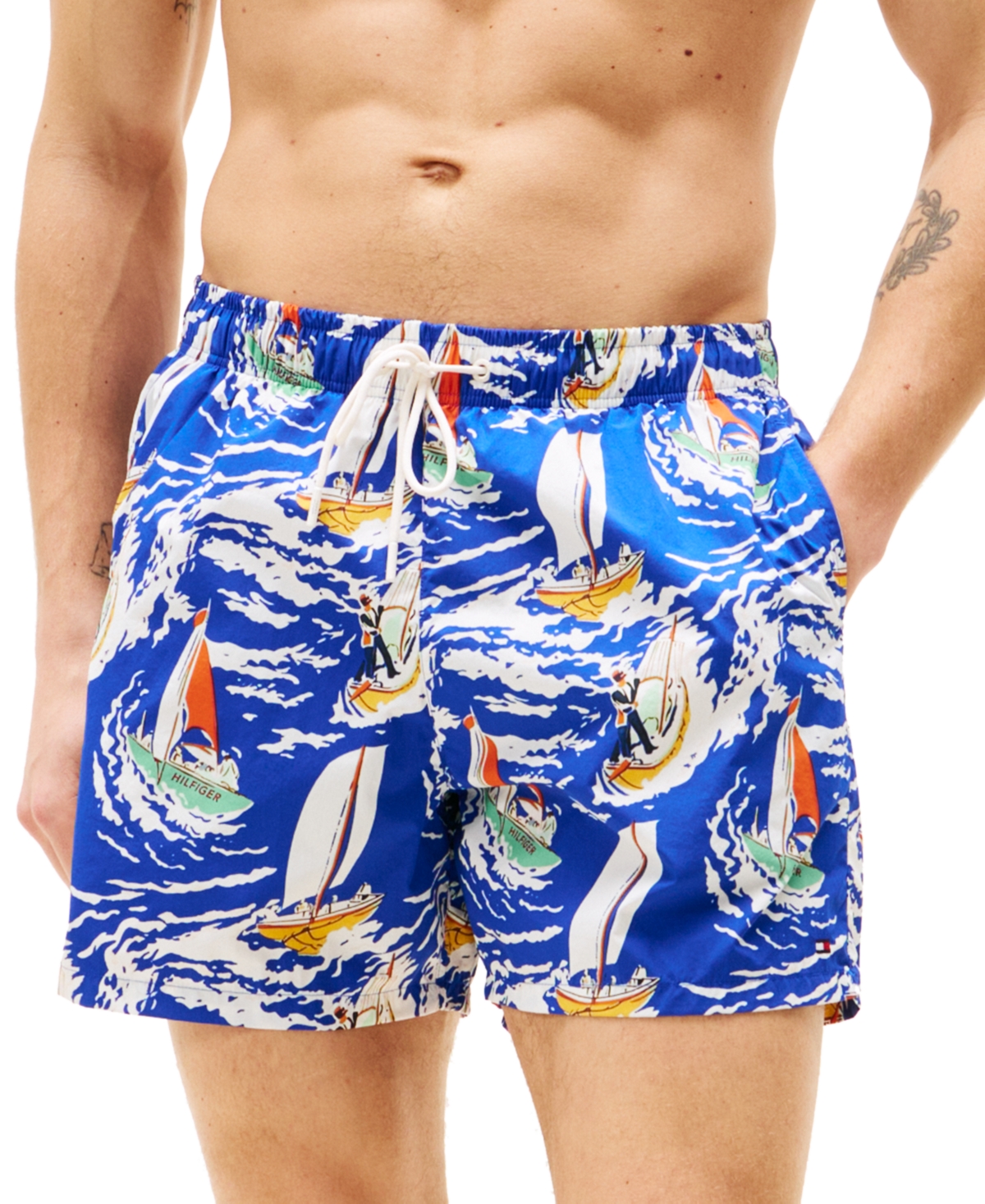 Tommy Hilfiger Men's Print Drawstring 5" Swim Trunks In Nautical Boats