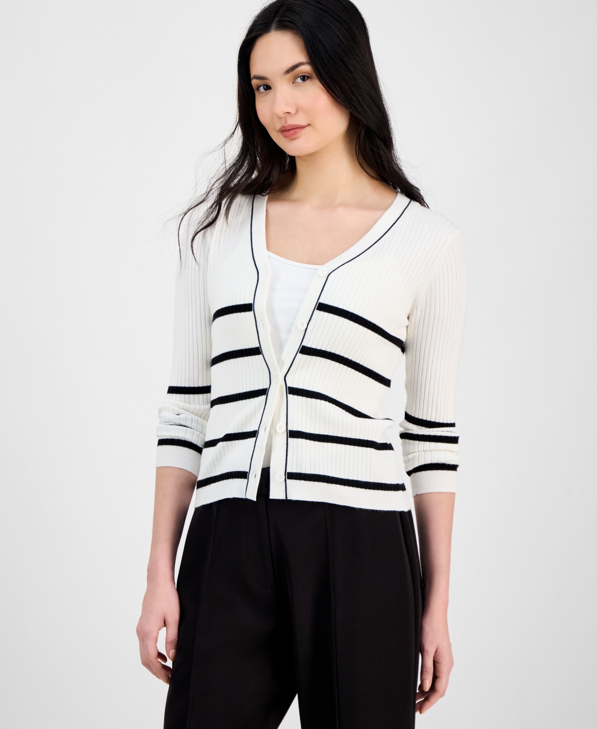 T Tahari Women's V-neck Button-front Long-sleeve Cardigan In White Star With Black Stripe