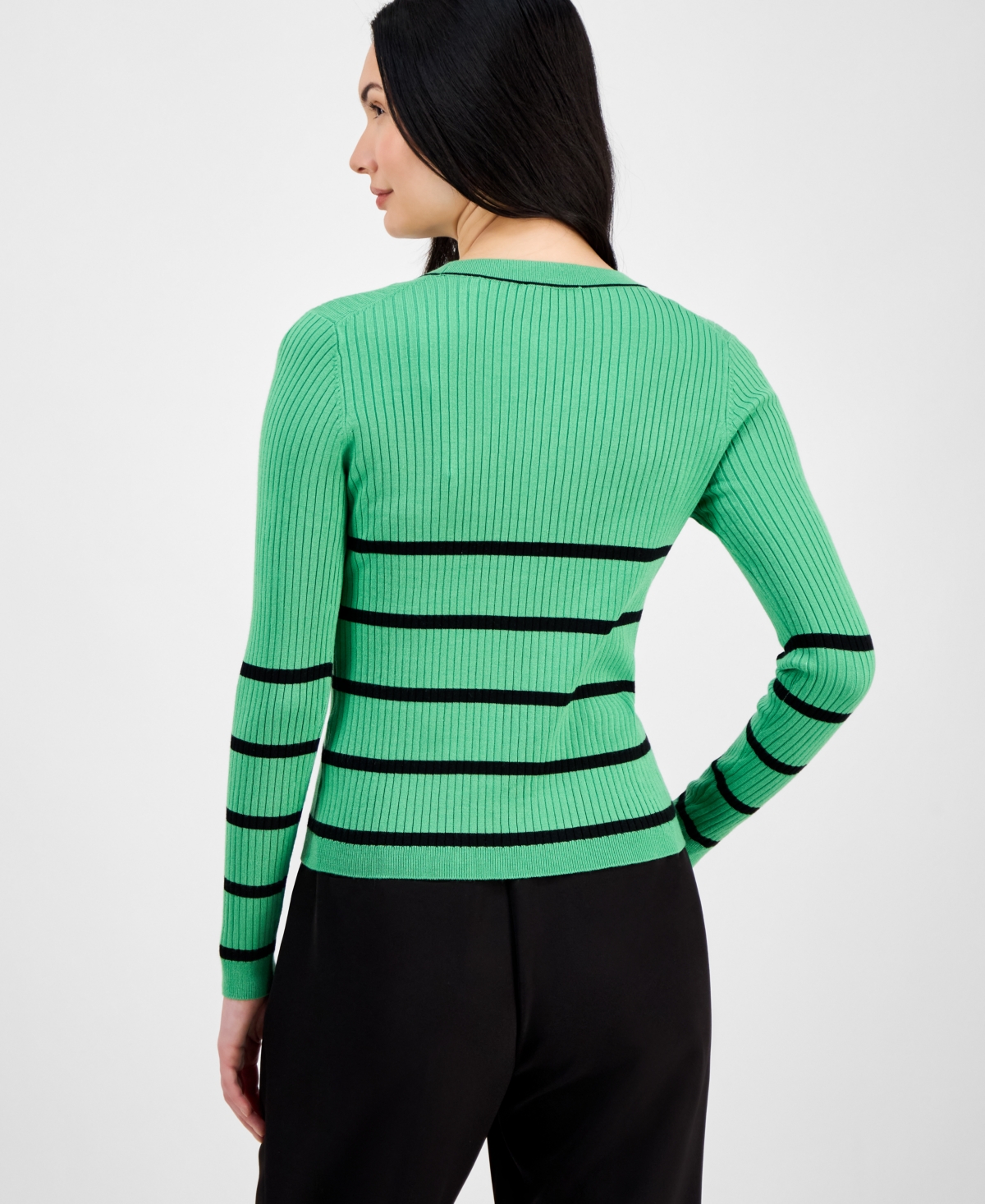 T Tahari Women's V-neck Button-front Long-sleeve Cardigan In Green Leaf With Black Stripe