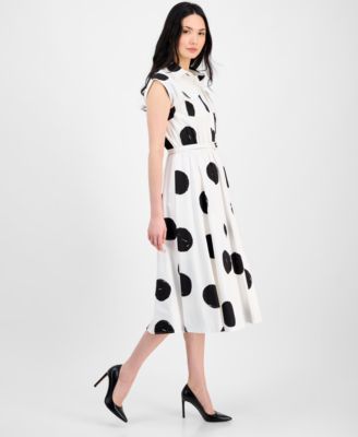 Women's Dot-Print Belted Fit & Flare Dress