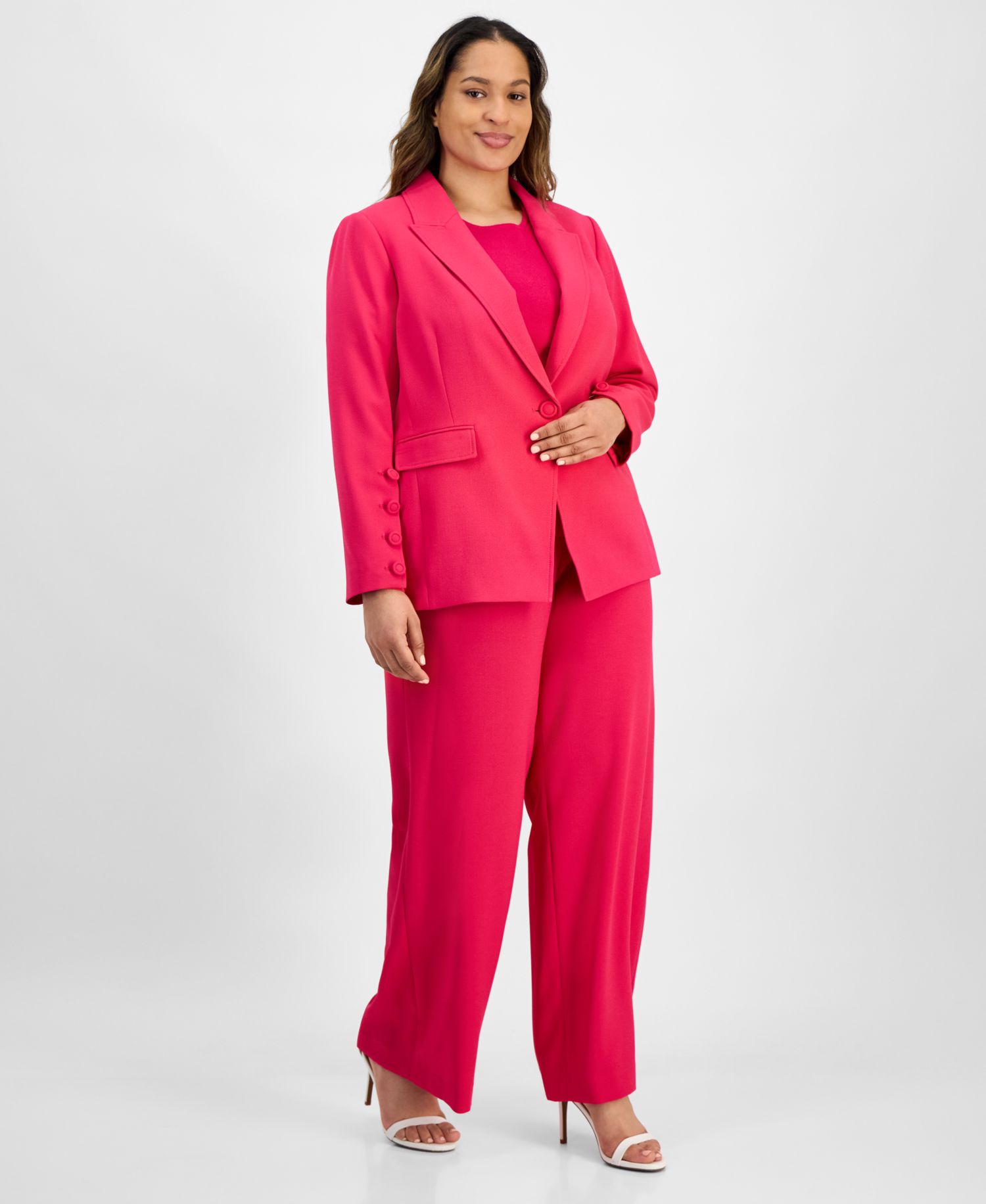 Plus Size Single-Button Crepe Blazer, Knit T-Shirt & Wide-Leg Pants