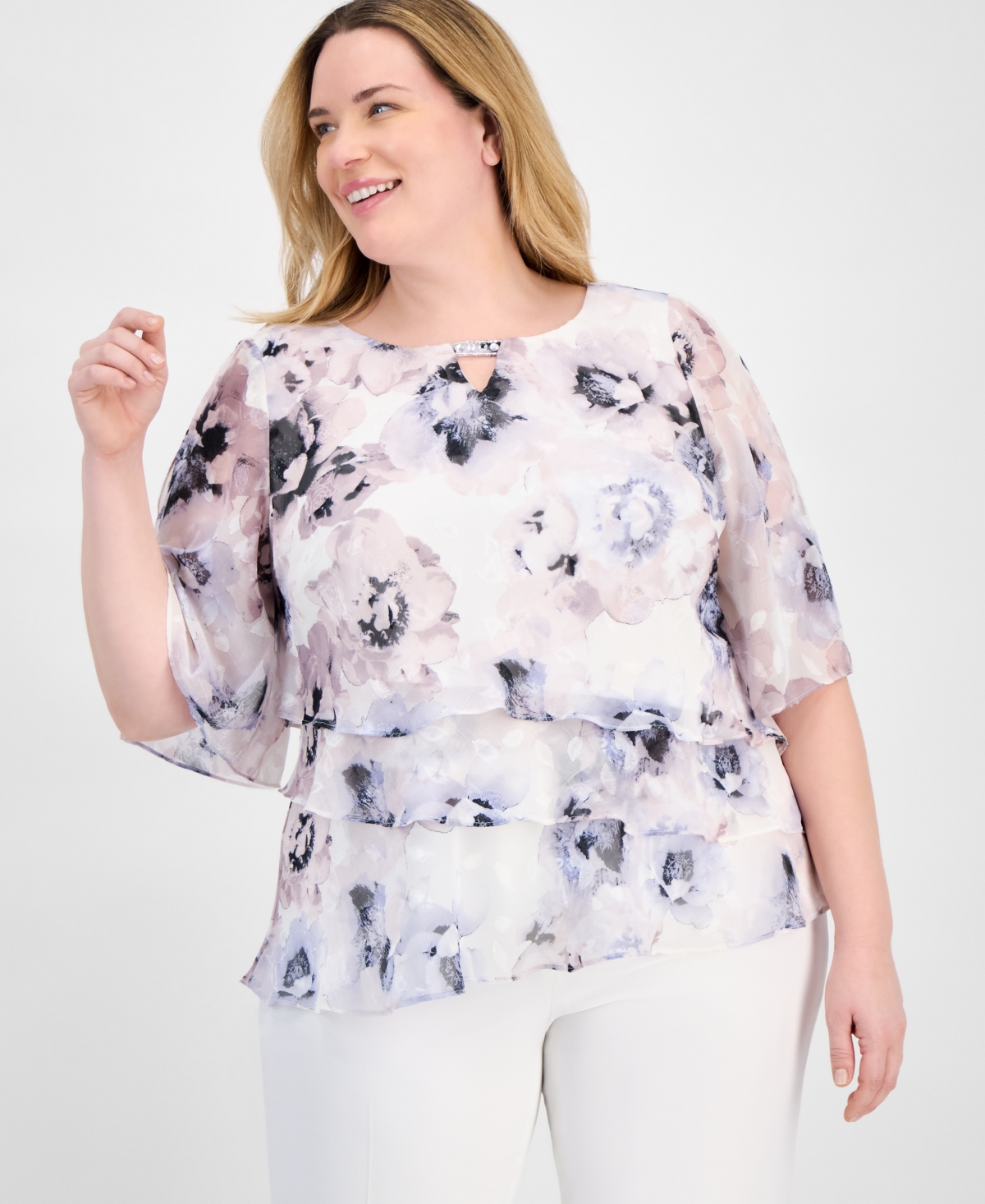 Alex Evenings Plus Size Tiered Floral Chiffon Top In Ivory Multi