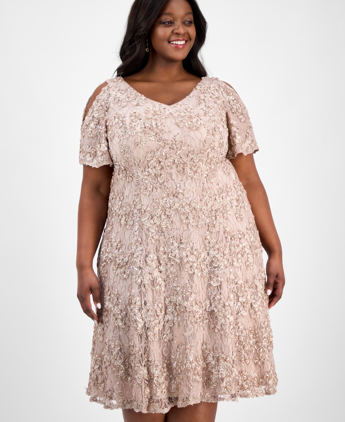 Alex Evenings Plus Size V-neck A-line Sequin Dress In Buff