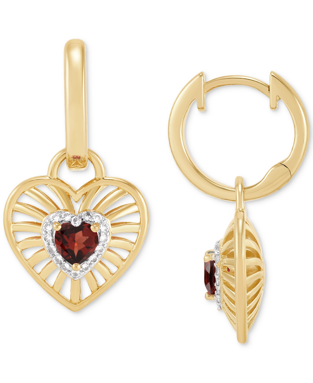 Macy's Amethyst Or Garnet (1/2 Ct. T.w.) & White Topaz (1/8 Ct. T.w.) Heart Drop Earrings In 14k Yellow Gol In Garnet