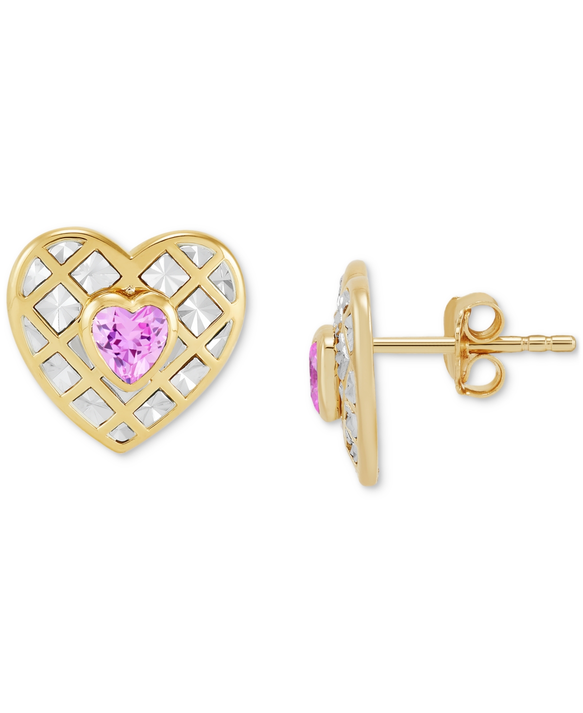 Macy's Created Ruby Or Pink Sapphire (1 Ct. T.w.) Heart Stud Earrings & Pendant Necklace In 14k Gold Over S In Pink Sapphire