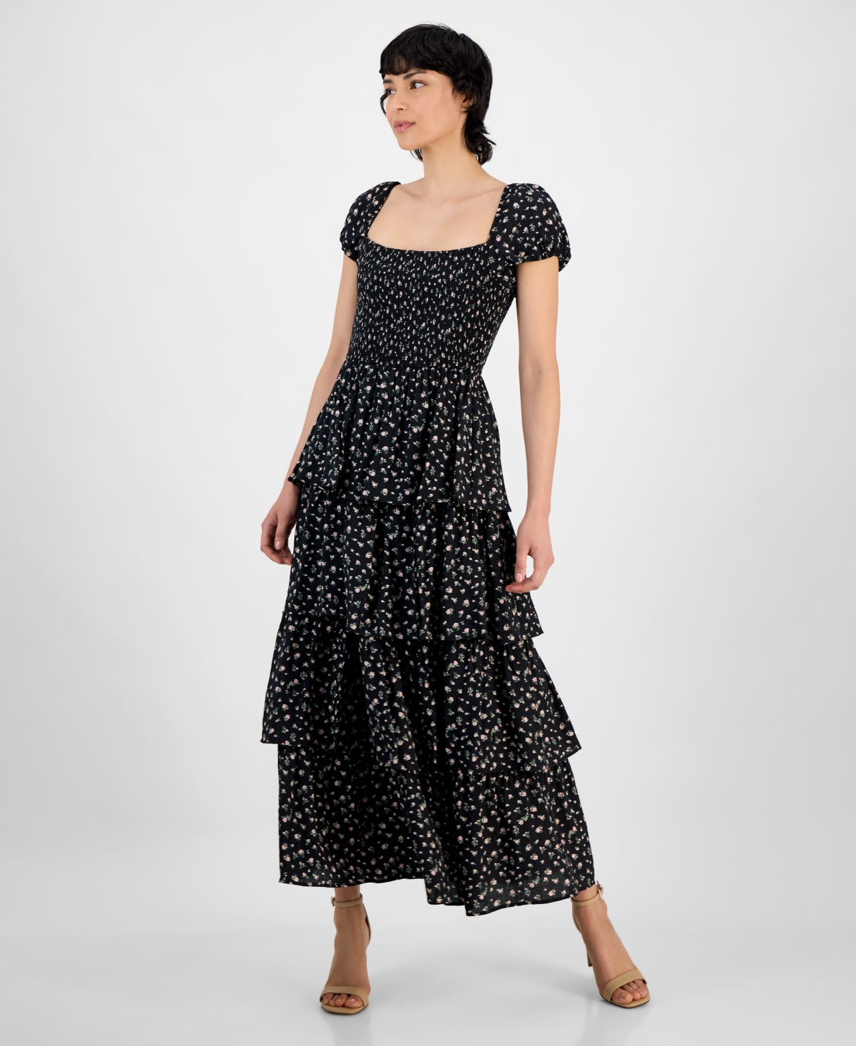 And Now This Trendy Plus Size Tiered Floral Maxi Dress, Exclusively At Macy's In Black,peach Floral
