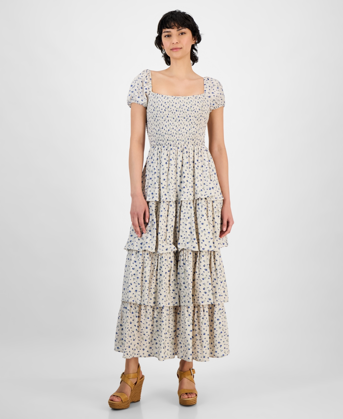 And Now This Petite Printed Smocked Tiered-ruffle-trim Dress, Exclusively At Macy's In Cream,blue Floral