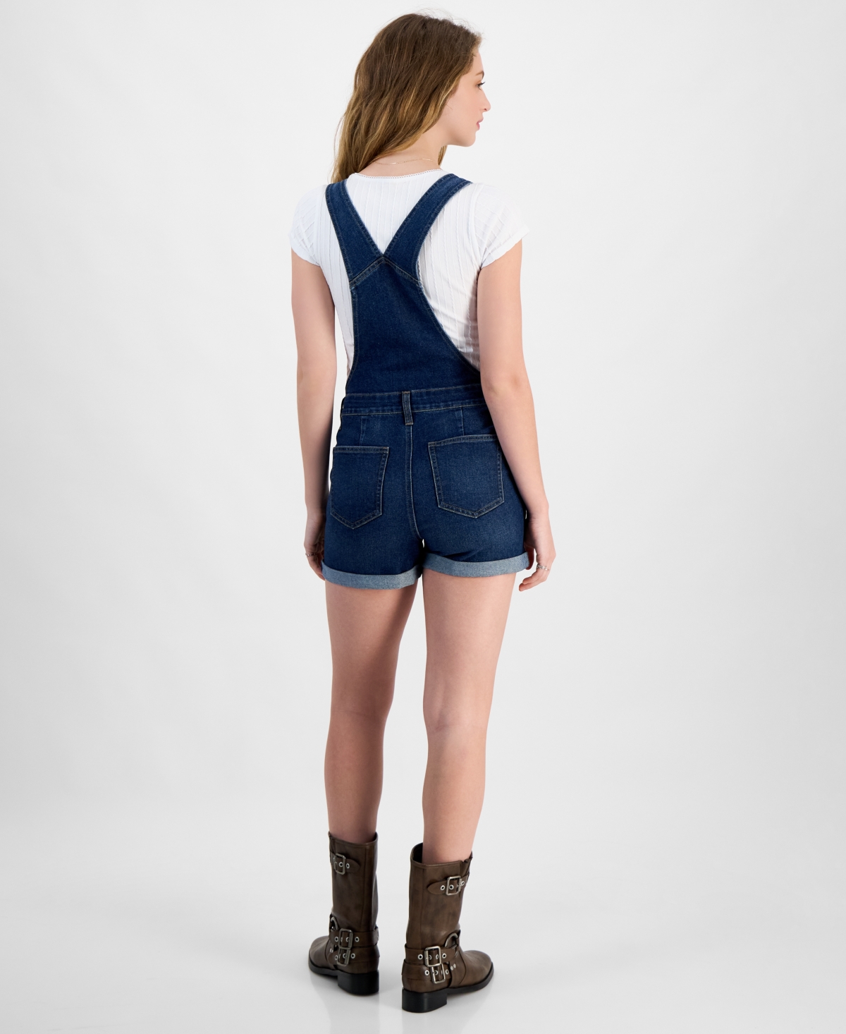 CELEBRITY PINK JUNIORS' ROLL-CUFF DENIM SHORT OVERALLS 
