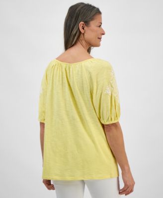 Women's Embroidered Split-Neck Tasseled-Tie Top, Exclusively at Macy's