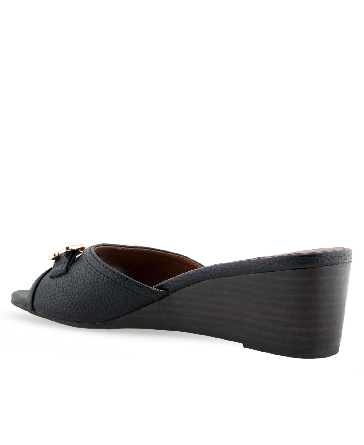 Shop Aerosoles Women's Wava Round Toe Wedge Sandals In Black Pebbled Faux Leather