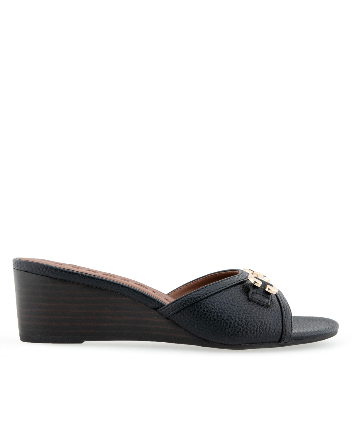 Shop Aerosoles Women's Wava Round Toe Wedge Sandals In Black Pebbled Faux Leather