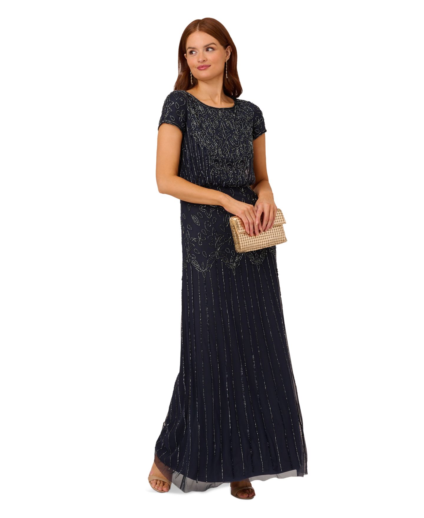Женское платье Adrianna Papell Beaded Short-Sleeve Sheer-Overlay Gown, цвет: Тёмно-синий — фото 1
