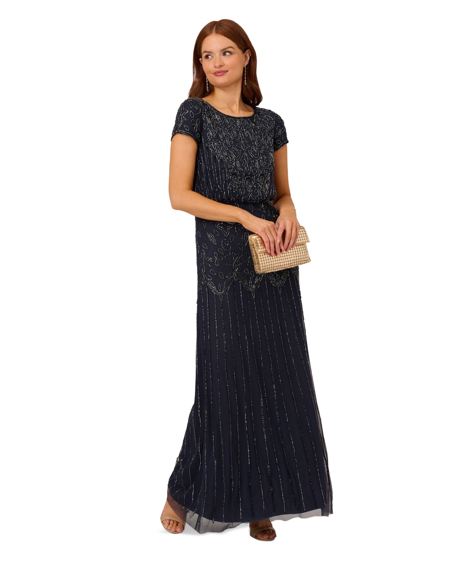 Women's Beaded Short-Sleeve Sheer-Overlay Gown