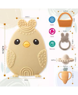 Toddler Easter Teether Set, Easter Bunny, Carrot, Chicken, Rattle Egg & Easter Basket Teething Toys Cute Easter Teethers Toys Gift Set