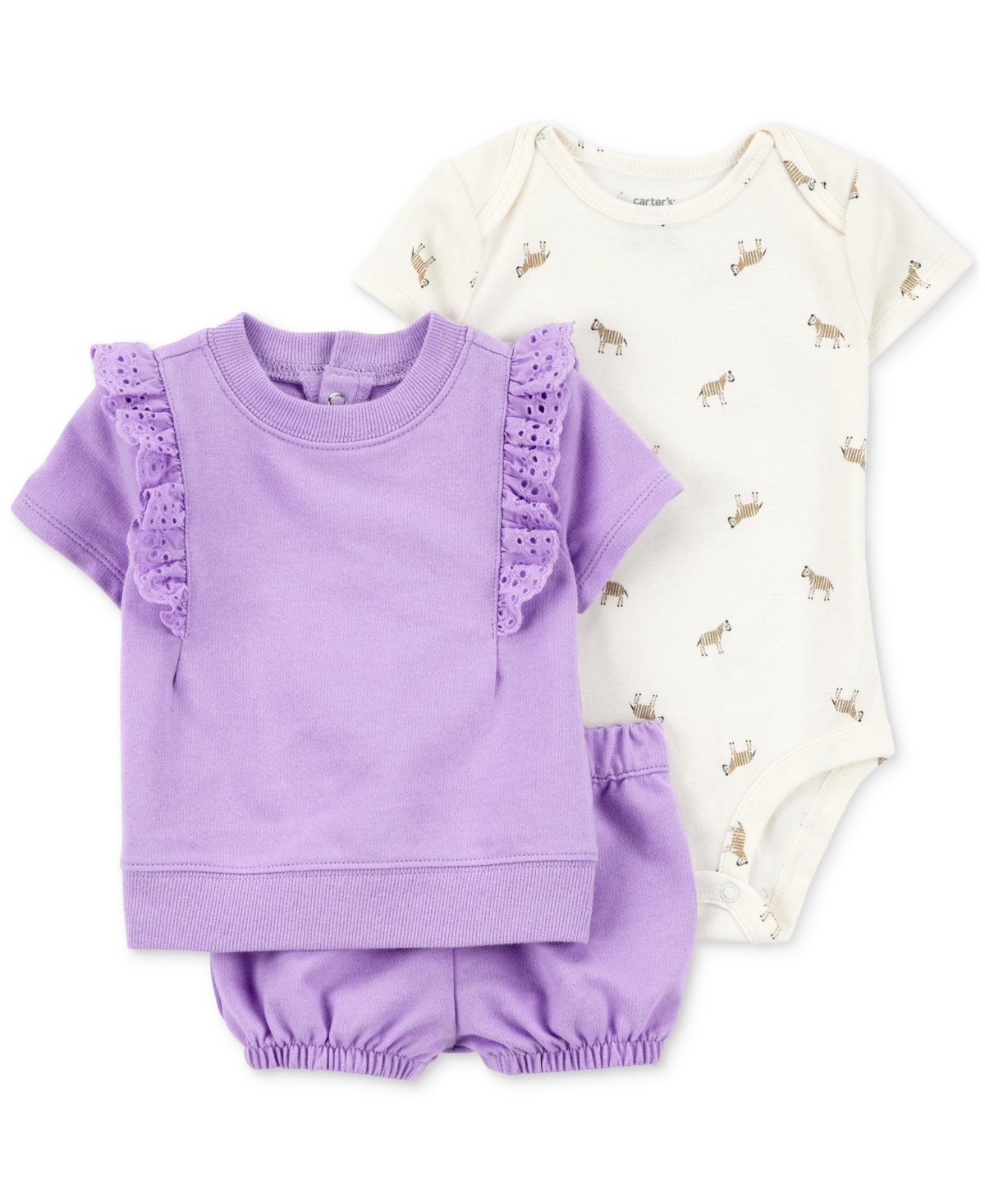 Carter's Baby Girls Cotton Bodysuit, Flutter Top & Shorts, 3 Piece Set In Purple