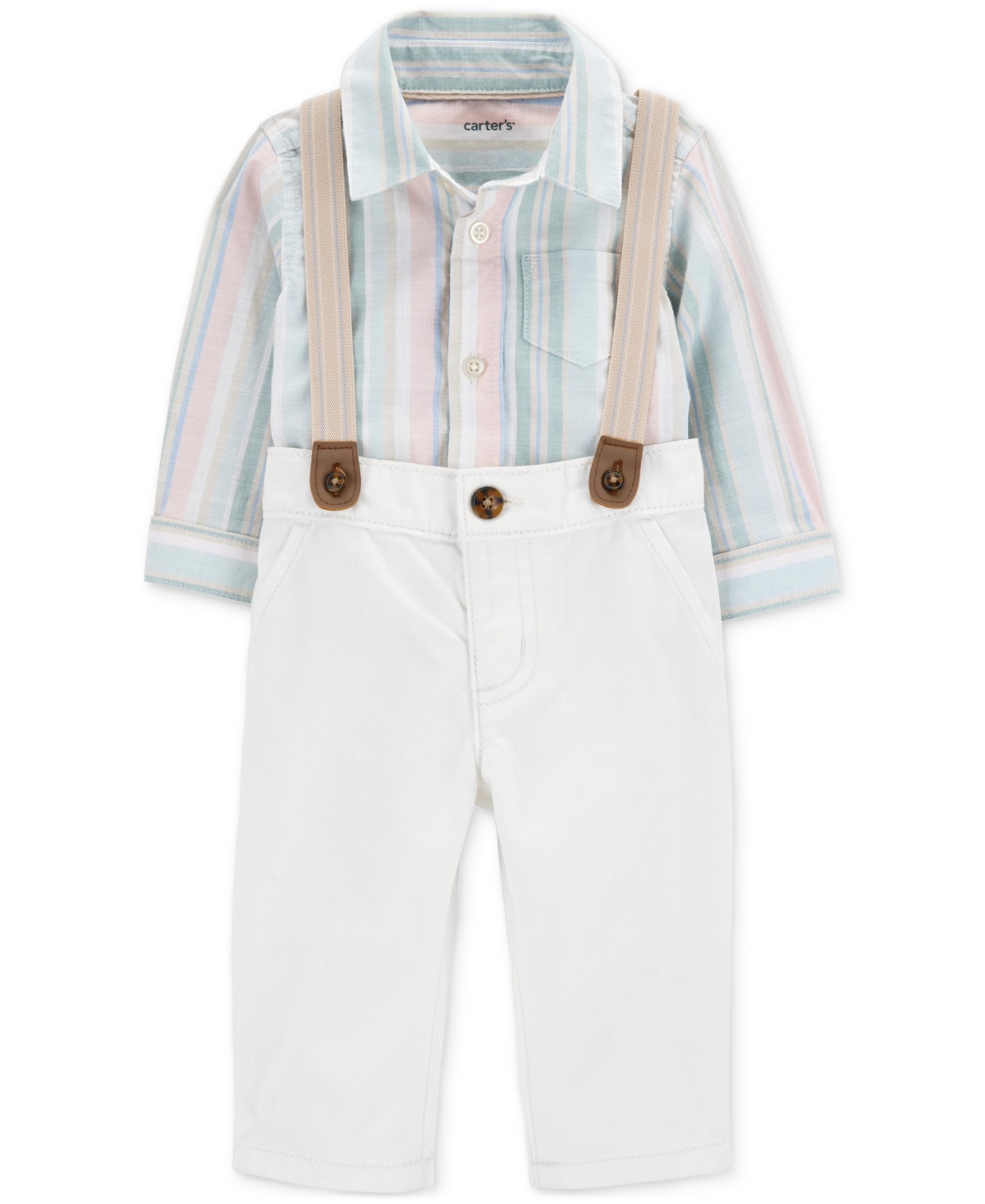 Carter's Baby Boys 3-pc. Button-front Bodysuit, Pants, & Suspenders Pants Set In White Multi