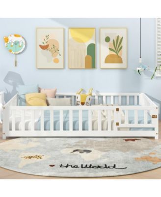 Montessori Bed Frame with Full-length Guardrails Safety Door and Latch