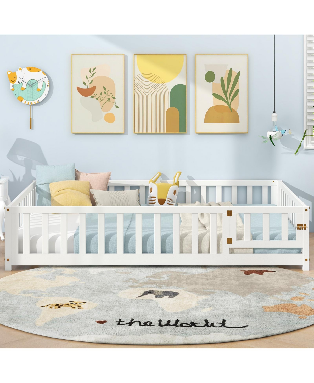 Montessori Bed Frame with Full-length Guardrails Safety Door and Latch