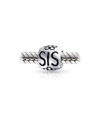 SIS Heart Flower Charm Bead BFF Sorority Sister Sterling Silver Bracelet