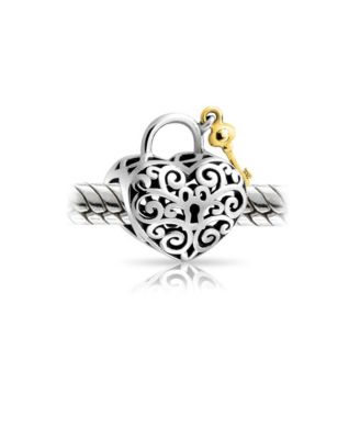 Two Tone Heart Filigree Lock & Key Charm Bead 14K Gold Plated Silver