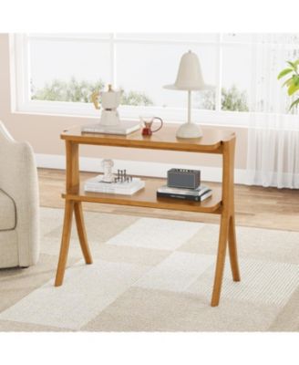 Narrow Side Table for Living Room, Farmhouse End Table with 2-Tier Storage Shelf and Solid Wood Legs