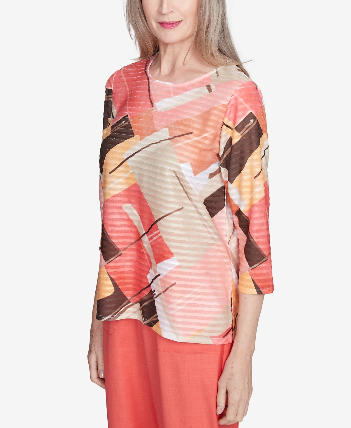 Alfred Dunner Plus Size Catalina Island Colorful Patchwork Crew Neck Top In Tangerine Multi