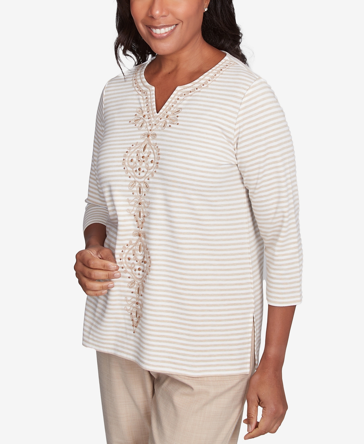 Alfred Dunner Women's Catalina Island Bold Medallion Stripe Top In Linen