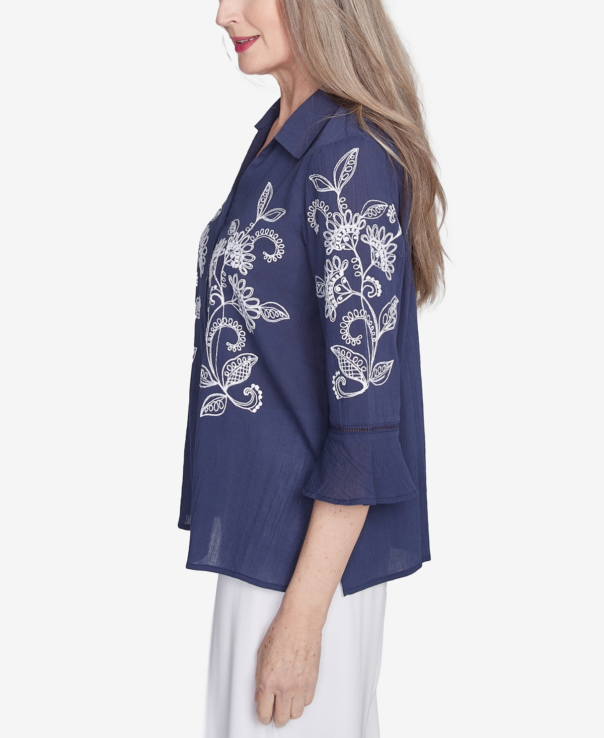 Alfred Dunner Petite Nantucket Embroidered Marine Button Front Collared Neckline Top In Marine Blue