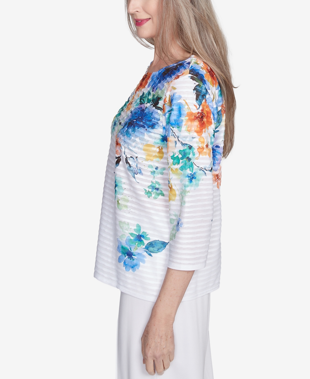 Alfred Dunner Petite Nantucket Textured Floral Neckline Top In Marine Multi