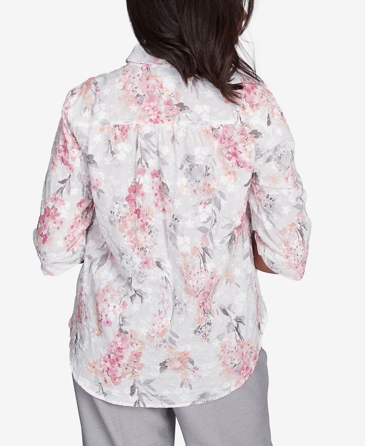 Alfred Dunner Petite Estate Of Mind Collared Button Front Hydrangea Top In Multi Pink