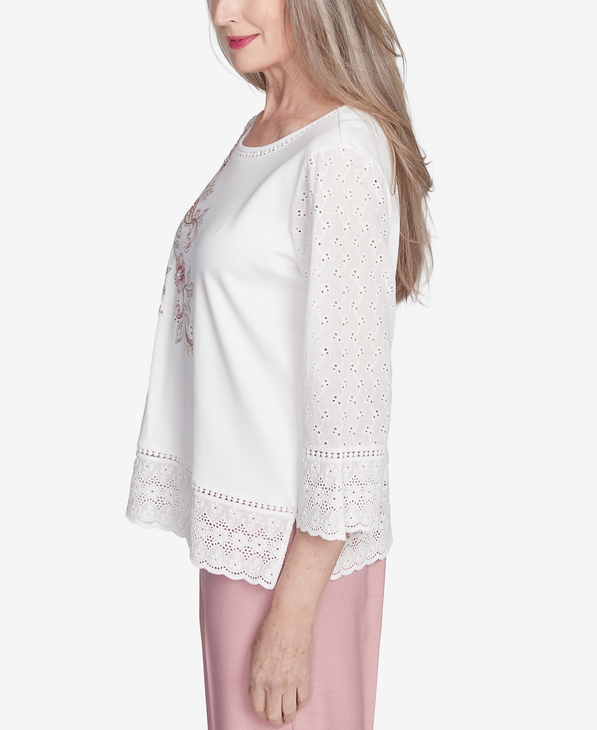 Alfred Dunner Petite Estate Of Mind Embroidered Floral Eyelet Trim Top In Oyster