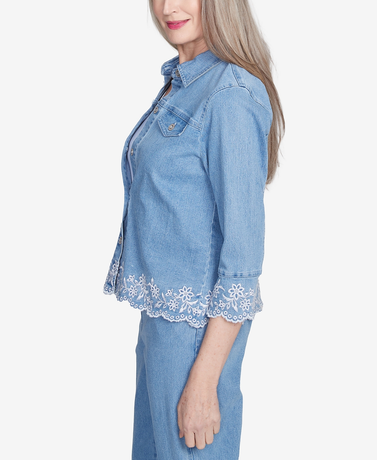 Alfred Dunner Plus Size Flower Power Denim Floral Embroidered Jacket In Light Indigo
