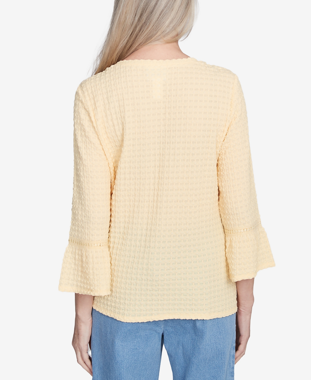Alfred Dunner Plus Size Flower Power Tie Front Textured Crew Neck T-shirt With Necklace In Buttercup