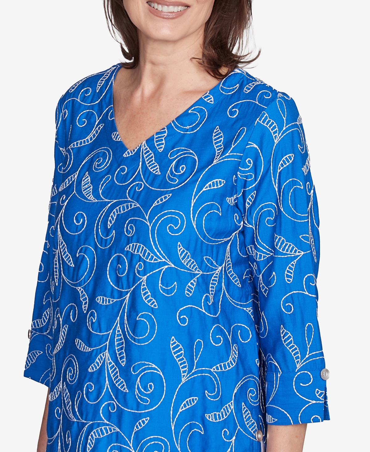 Alfred Dunner Plus Size Parrot Cay Scroll Embroidered Cuff Sleeve Top In Cobalt Blue