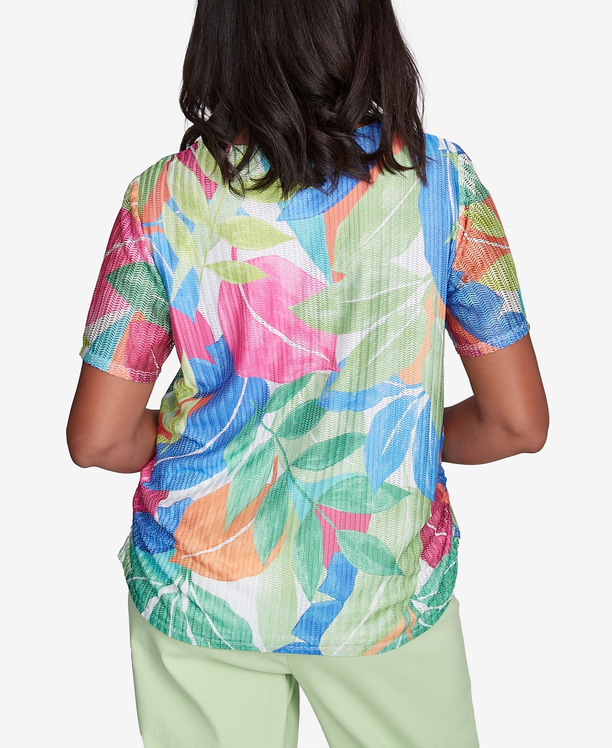 Alfred Dunner Petite Parrot Cay Textured Tropical Beaded Neck Top In Multi Green