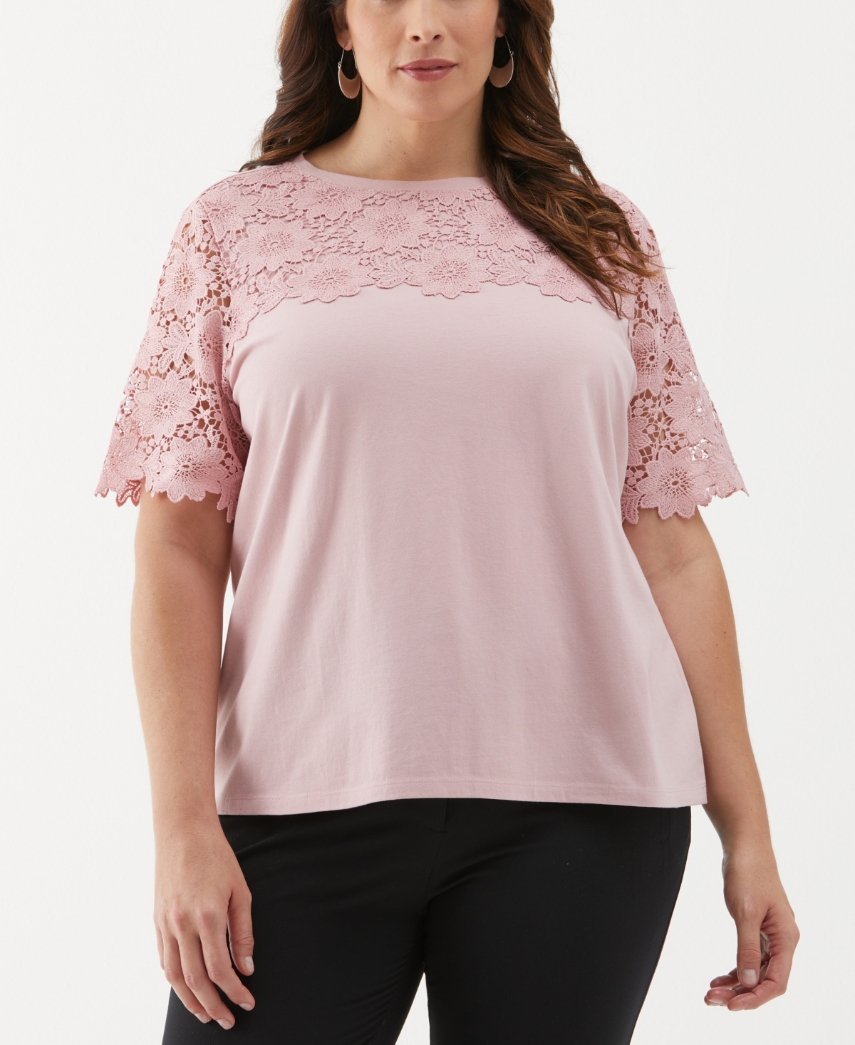 ELLA RAFAELLA PLUS SIZE LACE YOKE KNIT SHORT SLEEVE TOP 