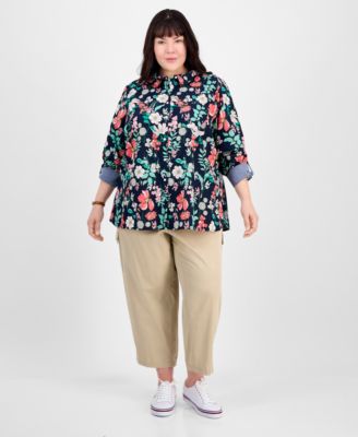 Plus Size Cotton Paisley-Print Utility Shirt