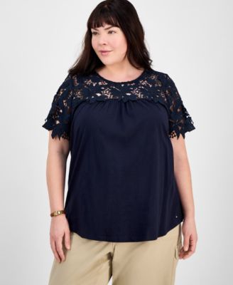 Tommy Hilfiger - Plus Size Lace Yoke Short-Sleeve Top
