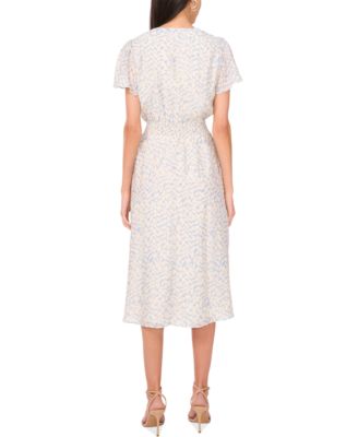 Women's Printed V-Neck Smocked-Waist Midi Dress