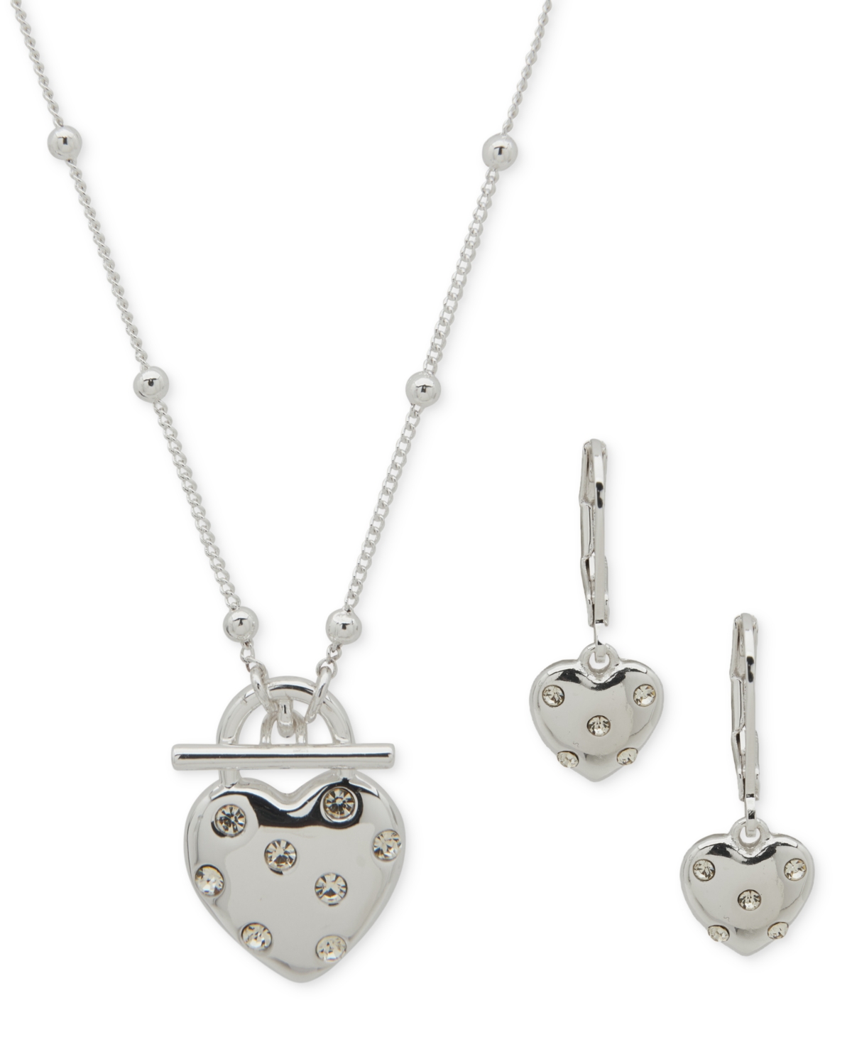 Anne Klein Silver-tone Crystal Heart Pendant Necklace & Earrings Set In Crystal,silver