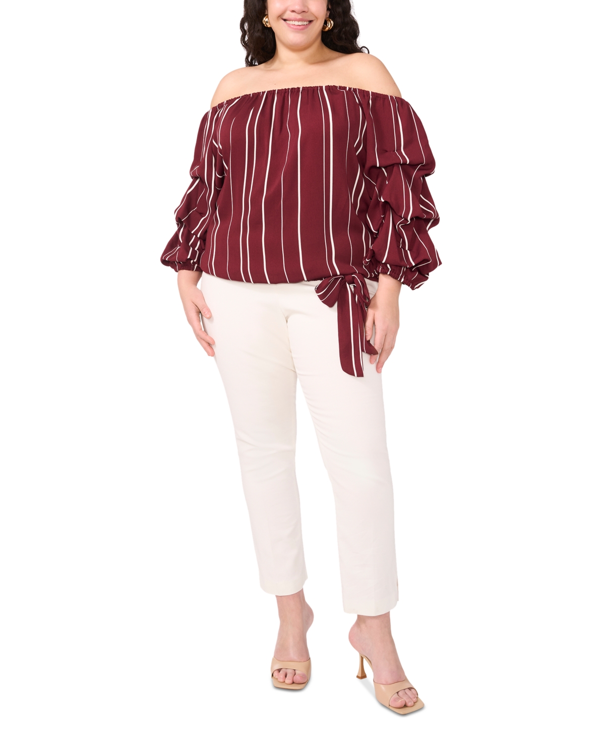 VINCE CAMUTO PLUS SIZE STRIPED OFF-THE-SHOULDER BUBBLE 3/4-SLEEVE TIE-FRONT BLOUSE 