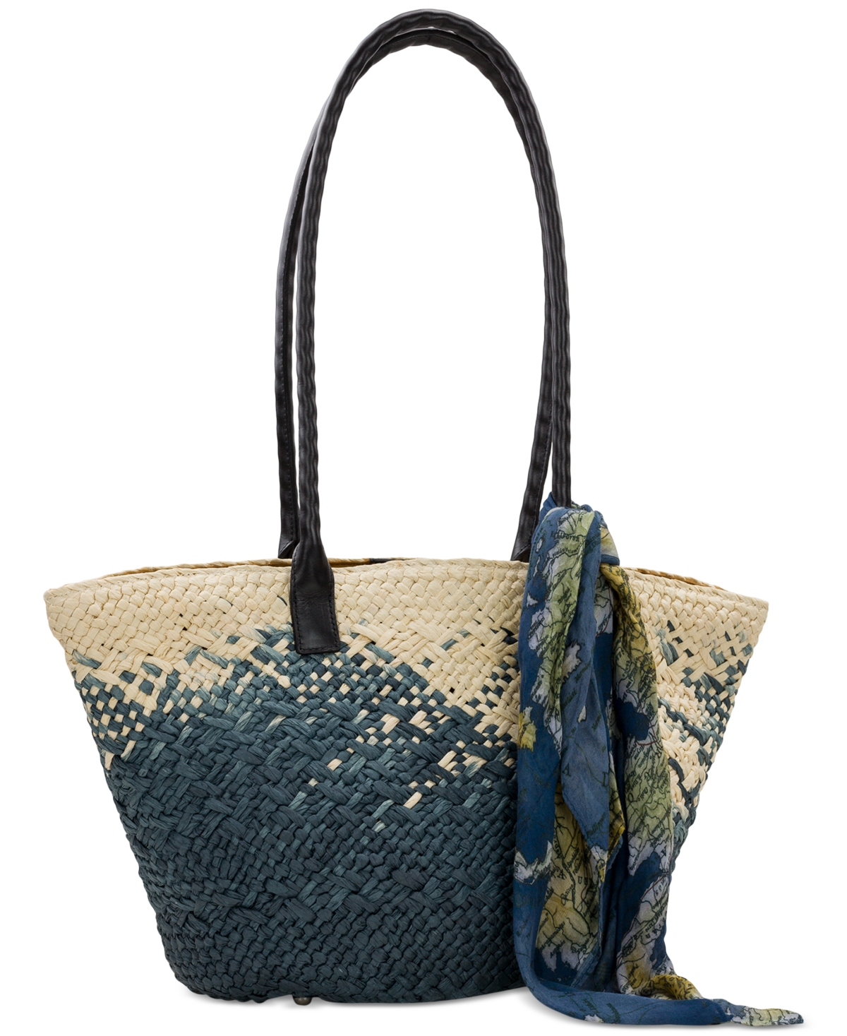 Patricia Nash Calypso Medium Woven Straw Tote With Greek Floral Scarf In Navy,natural