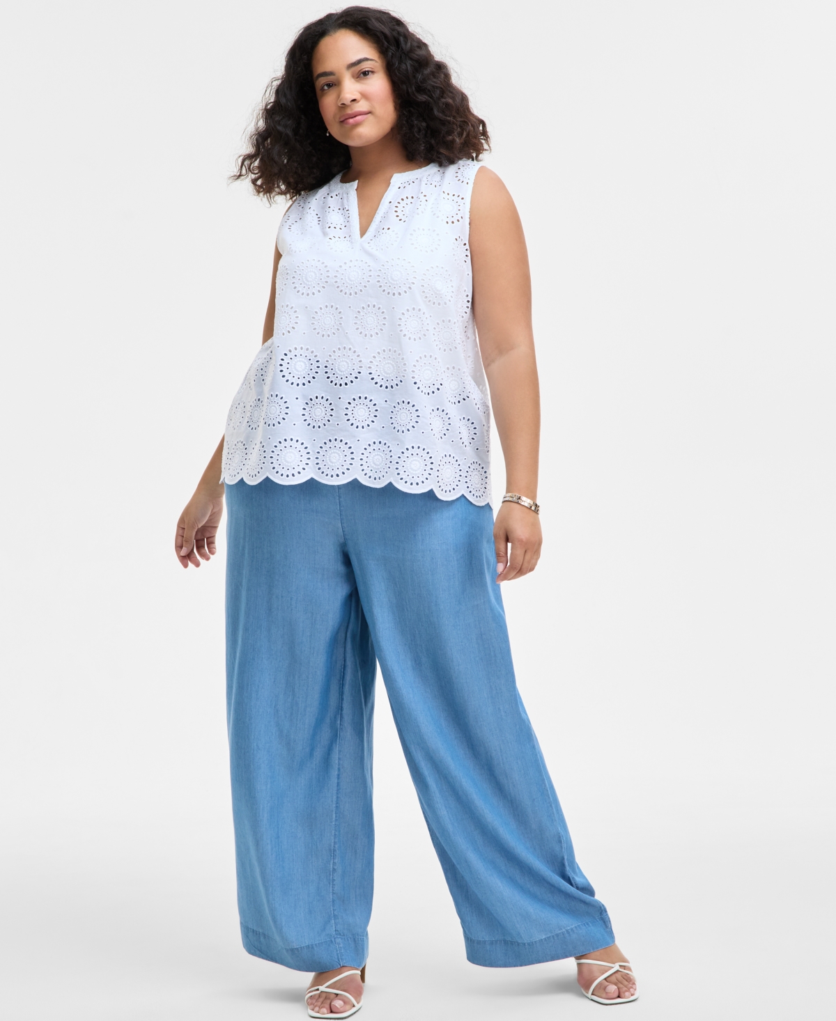 ON 34TH TRENDY PLUS SIZE COTTON EYELET SPLIT-NECK TANK, EXCLUSIVELY AT MACY'S 